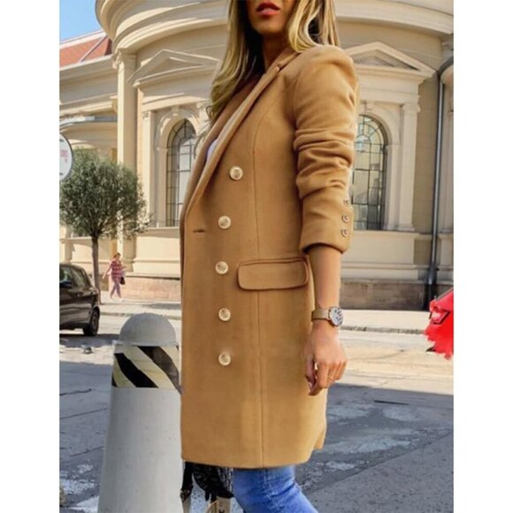 Womens  Camel Fall Winter Wool Coats Double Breasted Midi Peacoat Trench Coats - Picture 2 of 5